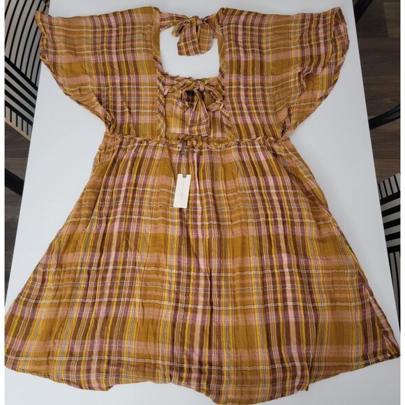 Yellow Plaid Mini Dress  Anthropologie Size Small NWT Boho Style - Picture 6 of 8